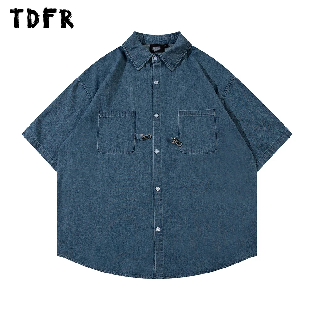 

Button Decoration Denim Short Sleeve Shirts Mens Summer Streetwear Pocket Lapel Loose Drop Shoulder Half-Sleeve Shirts Men