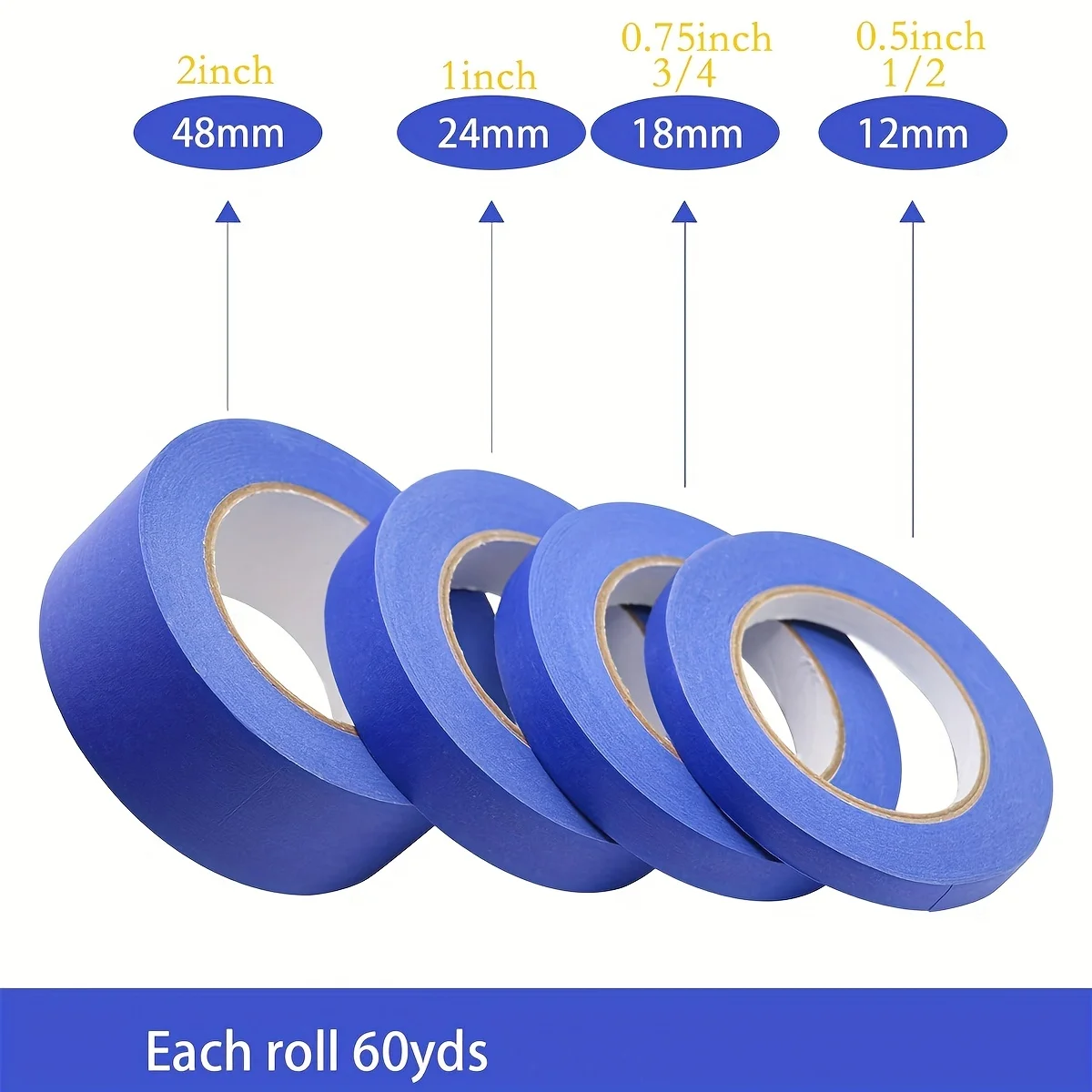 Blue Painters Tape, 1/2 inch,3/4 inch,1 inch,2 inch, 60yds, Multi Size Painting Masking Tape, Clean Release Paper Tape for Home