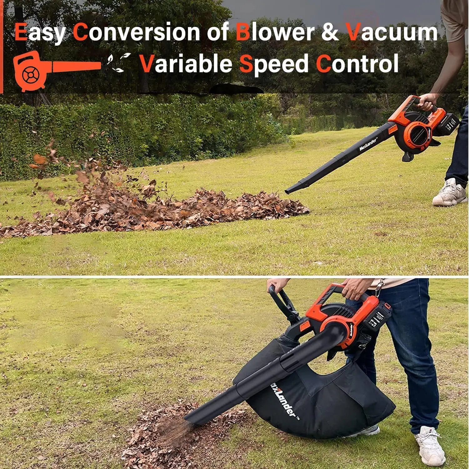 3 in 1 Cordless Leaf Blower & Vacuum with Bag, Battery Powered Leaf Vacuum 40V 170MPH 360CFM 5 Speed