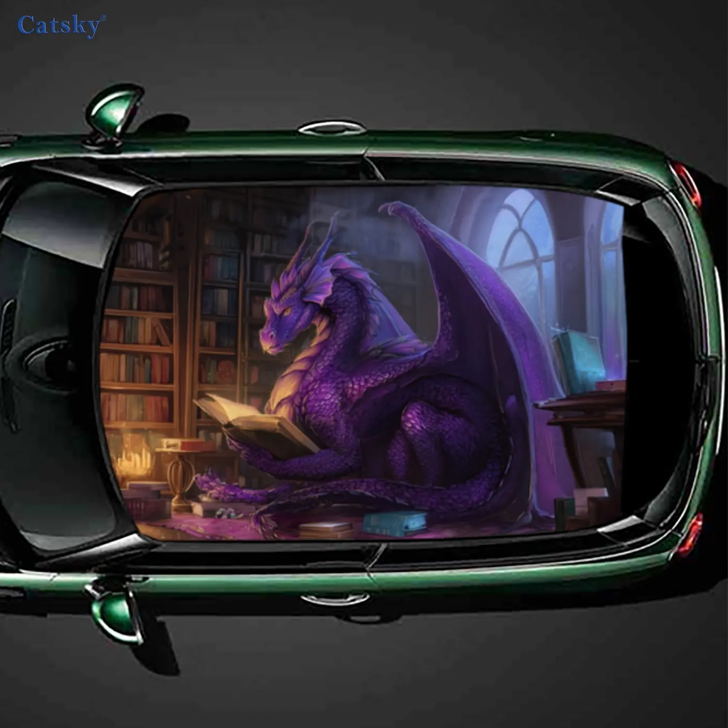 The dragon reading a book in the library PVC material self-adhesive waterproof car roof sticker, paste firm and anti-ultraviolet