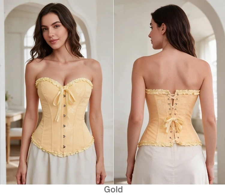 Damen Vintage Jacquard Korsett-Top, trägerlos, mit Rüschen vorne, Busk-Rücken, Schnürung, 20 Farben, für Feiertage, Partys und Abendgarderobe – Detail 11