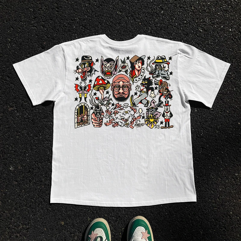 通気性のある220g半袖tシャツ-ユニセックス-大きいサイズ-ショルダーバージョン-王スタジオ-タトゥー-グラフィティデザイン-カジュアル-ストリートウェア