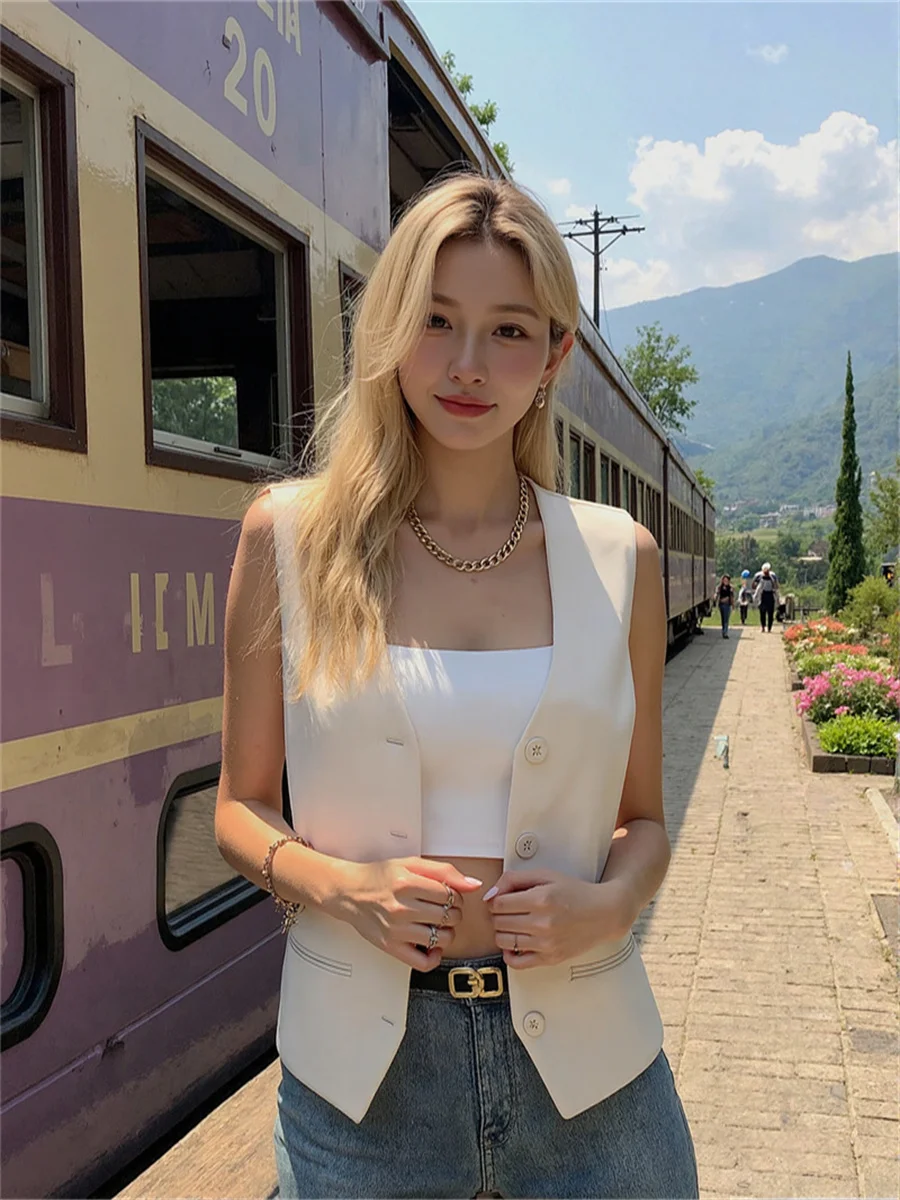 Women'S Waistcoats Crochet Vests Woman V-Neck Loose Fit Summer Kawaii Japanese Style Cute Harajuku Fashion Teen Girls Ulzzang