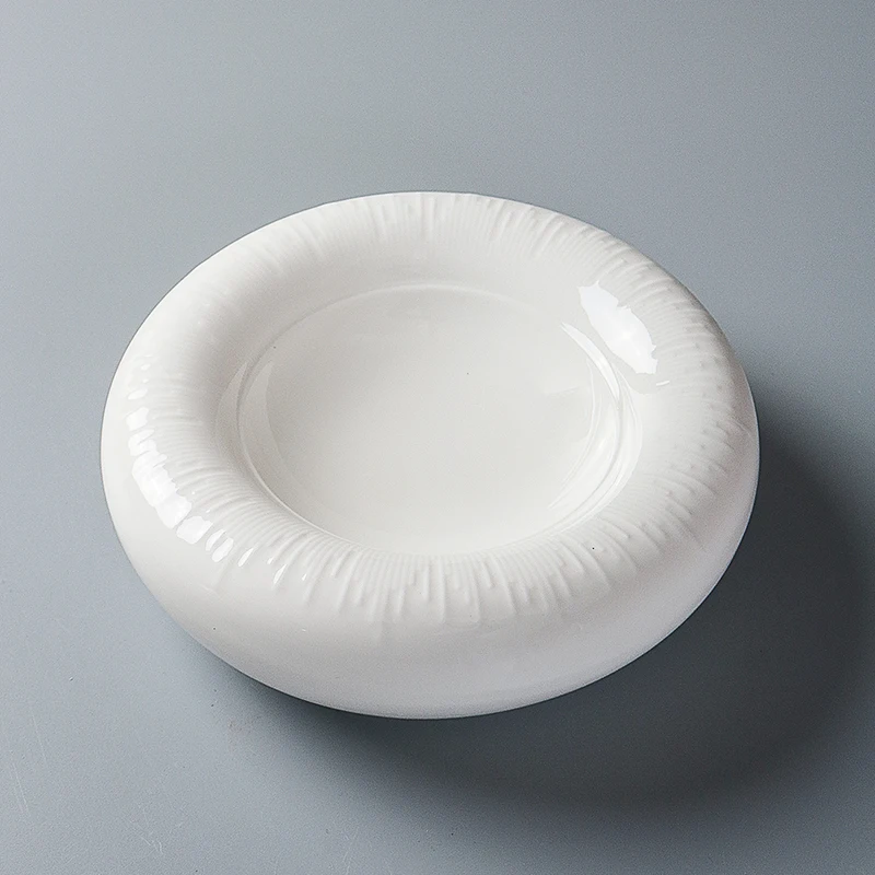 

French Pure White Ceramic Western Food Dish Creative Round Striped Special Tableware Simple High-end Restaurant Western Food Pan