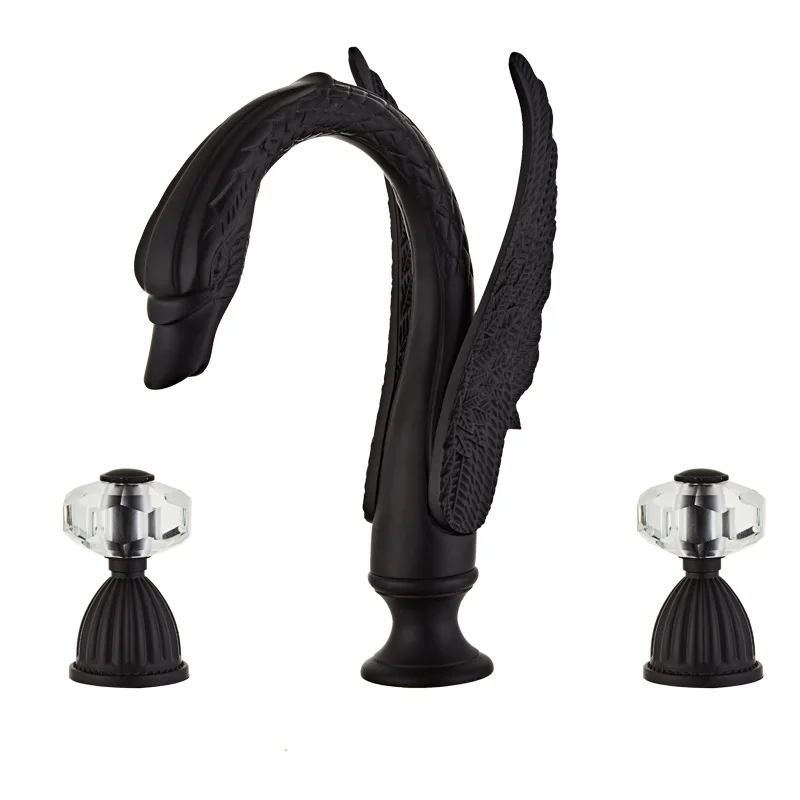 

European all-copper black washbasin three-hole faucet, washbasin hot and cold split type