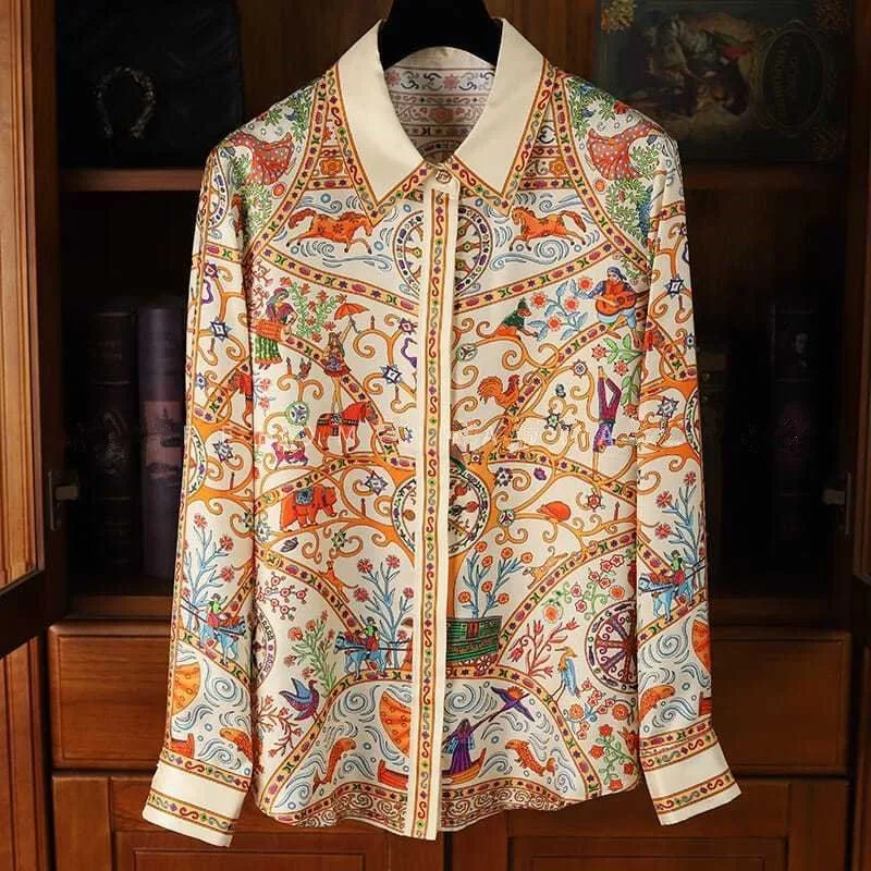 

Новая женская модная свободная универсальная повседневная рубашка с длинным рукавом и воротником-поло с принтом на пуговицах