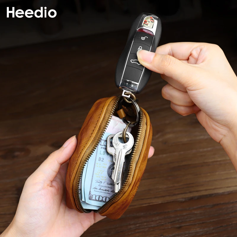 Large Capacity Retro Soft Cowhide Key Bag Zipper Buckle Genuine Leather Key Case Short Vertical Square Shape Soft Surface