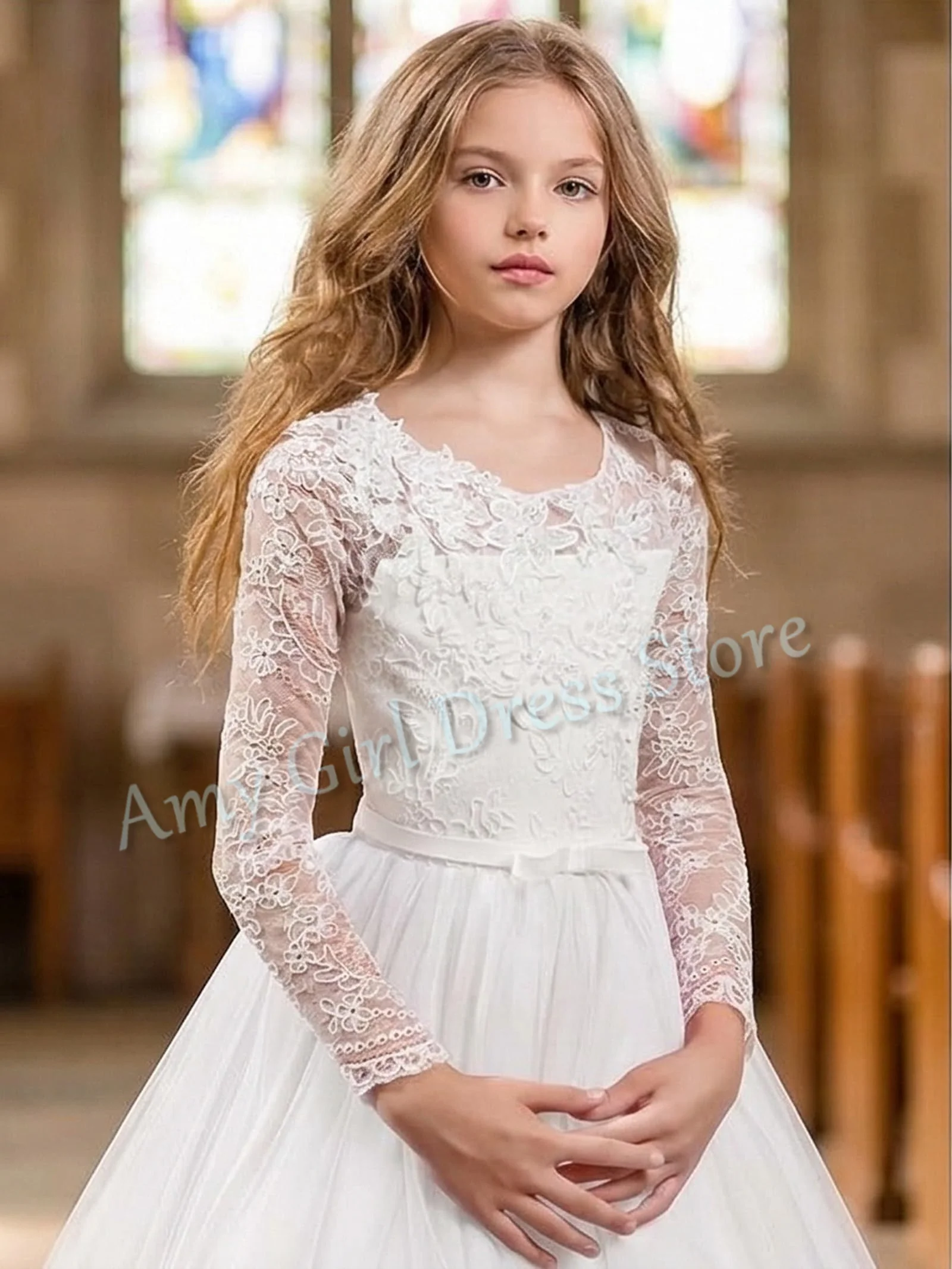 

Элегантное платье цвета слоновой кости для девочек на свадьбу, с аппликациями, кружевом, тюлем, длинными рукавами, в стиле принцессы, для первого причастия, банкетное платье, на заказ