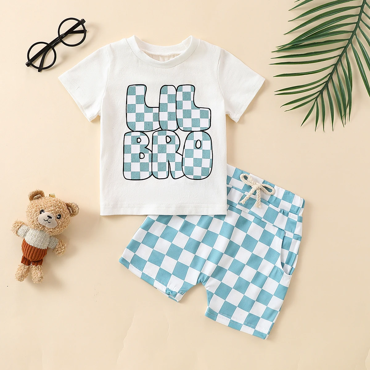 

Летний комплект для мальчиков: футболка с принтом LILSLS и шорты в небесно-голубую клетку, повседневный двухкомпонентный наряд для малышей