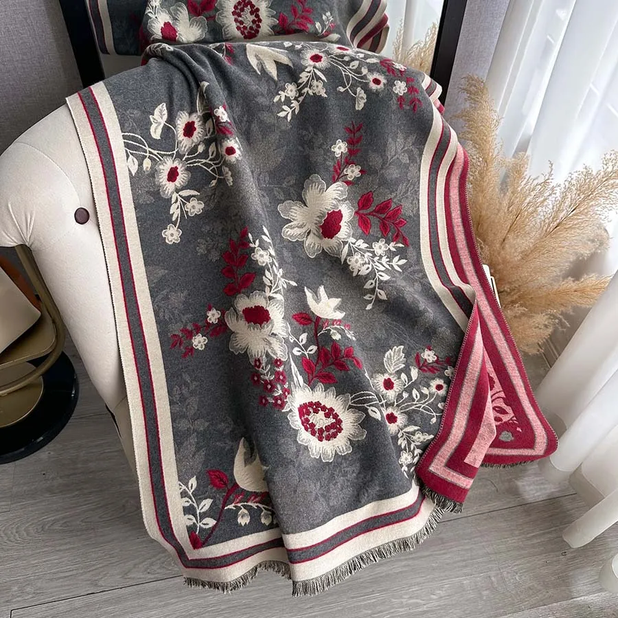 

Толстый китайский винтажный шаль из искусственного кашемира с цветком магнолии, длинный шарф, женский осенне-зимний модный элегантный шейный платок