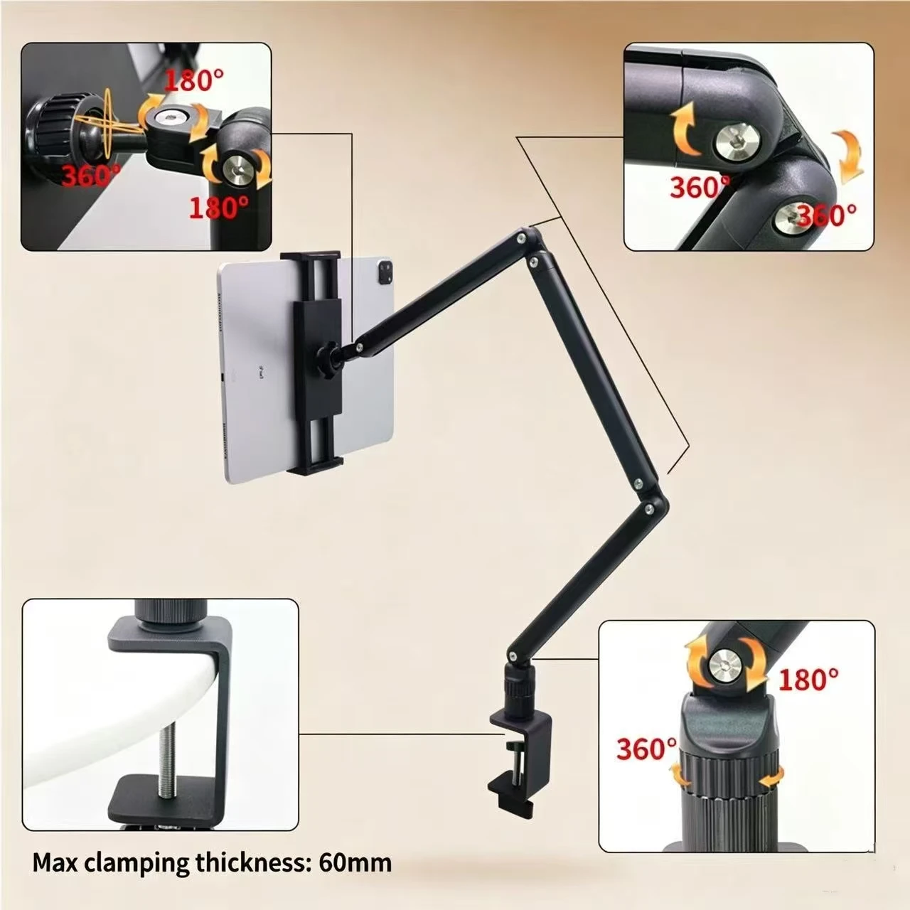 3Arm Aluminum Alloy Tablet Stand,Adjustable Arm Holder For Portable Monitor 4.7-15.6'' For iPad 10/9th, iPad 13/12.9/11''Series view 5