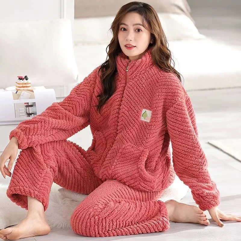 

Autumn Winter Pajama Sets Women Warm Flannel Sleepwear 2Pcs Loungwear Homewear Female Long Sleeve Pijama Mujer Night Suits