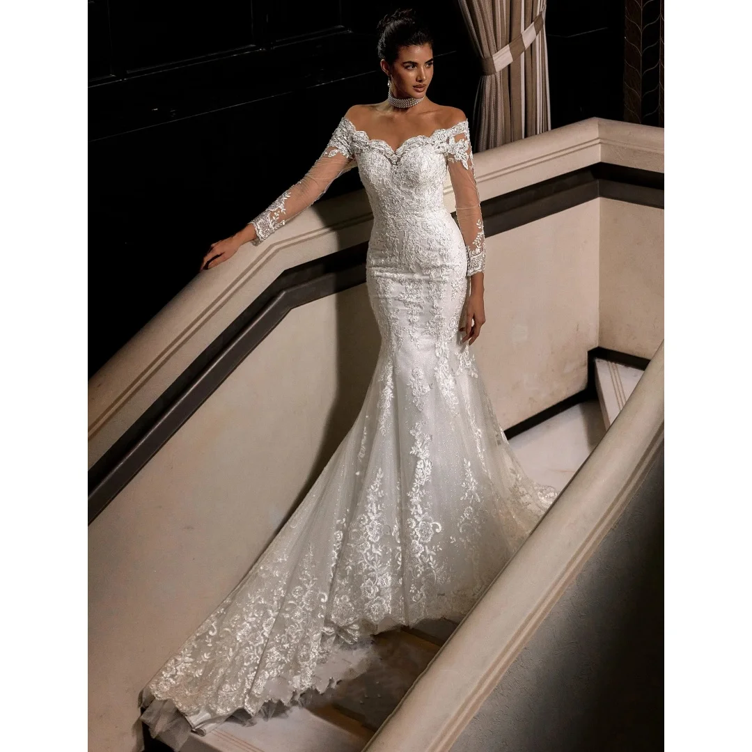 

Mermaid Wedding Dresses Long Sleeves Lace Vestido de Novia Off the Shoulder Second Reception Gown Customized Robe De Soirée