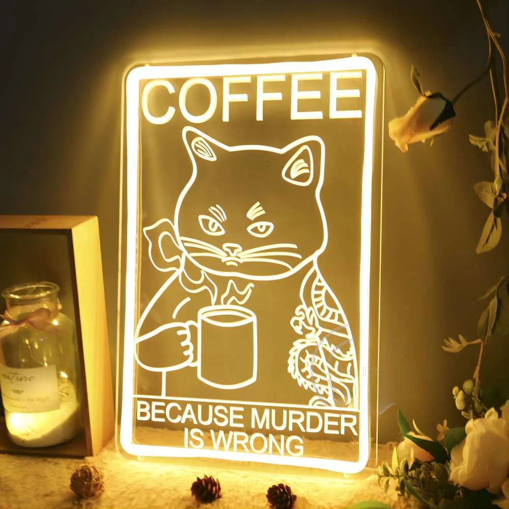 Coffee Bear Because Murder Is Wrong Neon Sign Engrave Personal Led Light For Coffee Bar Decoration Party Supplies Support Custom