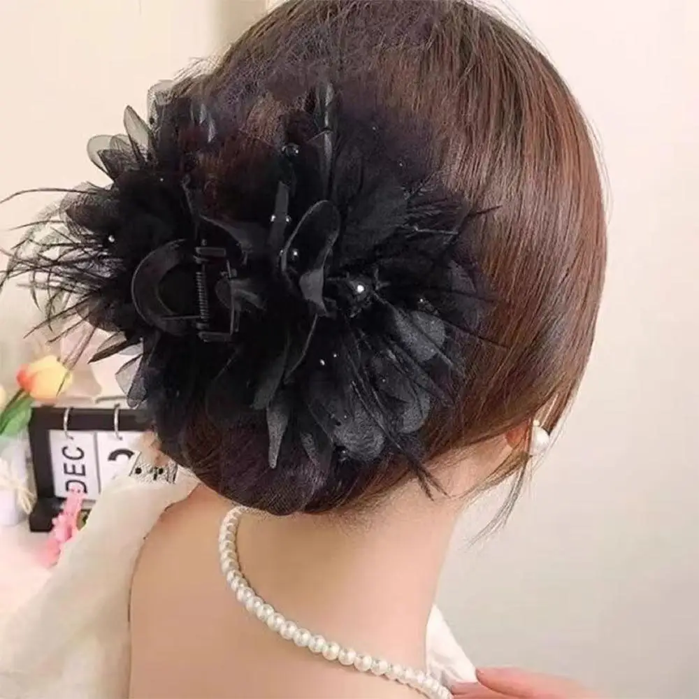 

Fashion Feather Hair Claw Clips Peony Flower Strong Grip Grasping Clip Exquisite Ladies Headwear for Party Performance