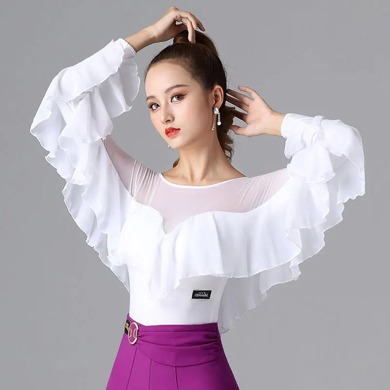 New Sexy Latin Dance Tops Women\'s Waltz Practice Clothes Ruffles National Standard Ballroom Leotard Modern Bodysuit Costumes