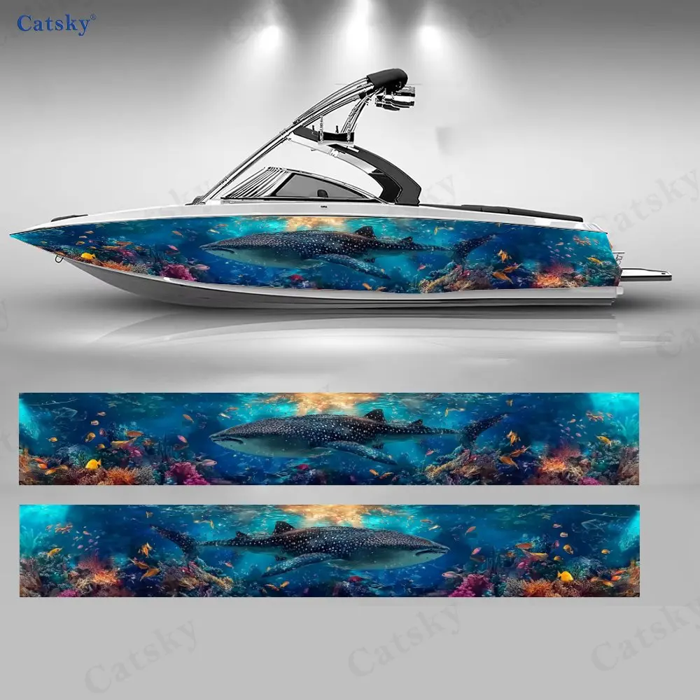 

2Pcs Boat Vinyl Graphic Wrap, Whale Shark Underwater Coral Design, Vibrant Waterproof Material, Perfect for Speedboats Yacht