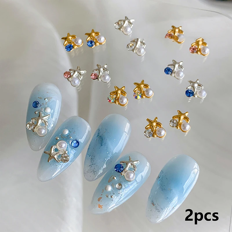 2 pçs 3d requintado liga arte do prego encantos kawaii estrela do mar pérola design prego strass decorações diy acessórios