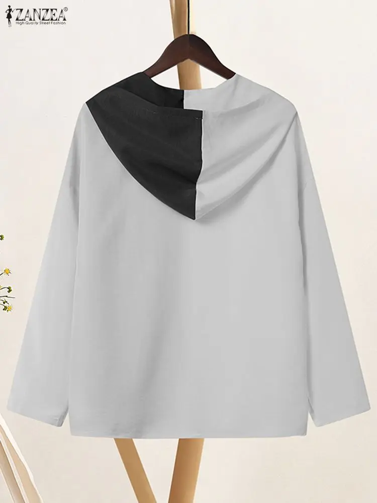 ZANZEA Modna Damska Bluzka z Długim Rękawem i Kapturem 2026 Jesień Kontrastowe Kolory Bluzki Codzienne Wiosenne Koszule Patchworkowe Pulowery
