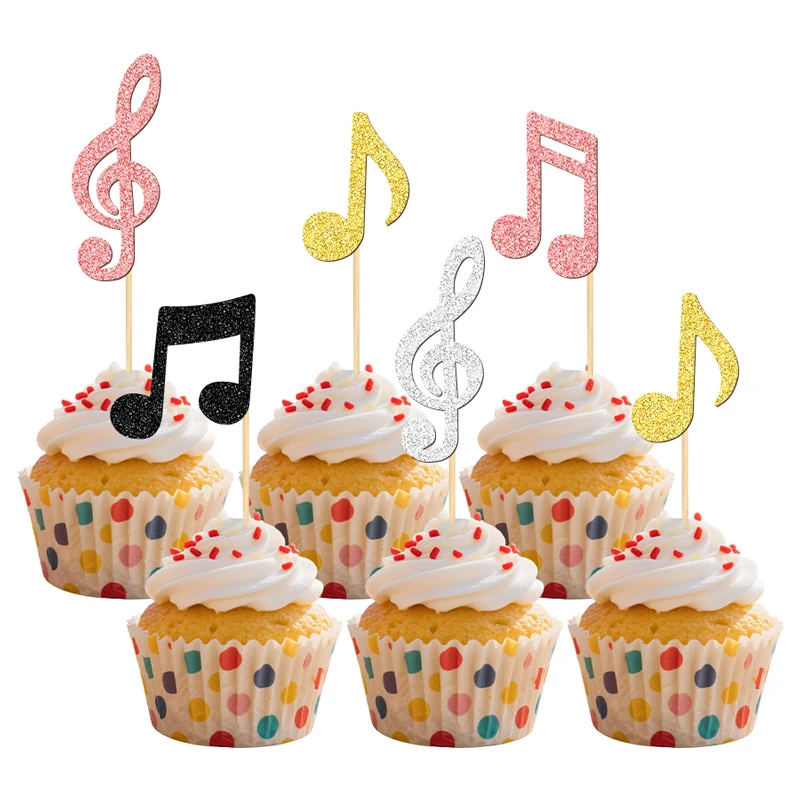 YOMDID 24 Stück glitzernde Musiknoten-Kuchenaufsätze, Bambus-Cupcake-Topper, Cupcake-Picks mit Musik-Thema für Rock-Konzerte, Partyzubehör – Detail 6