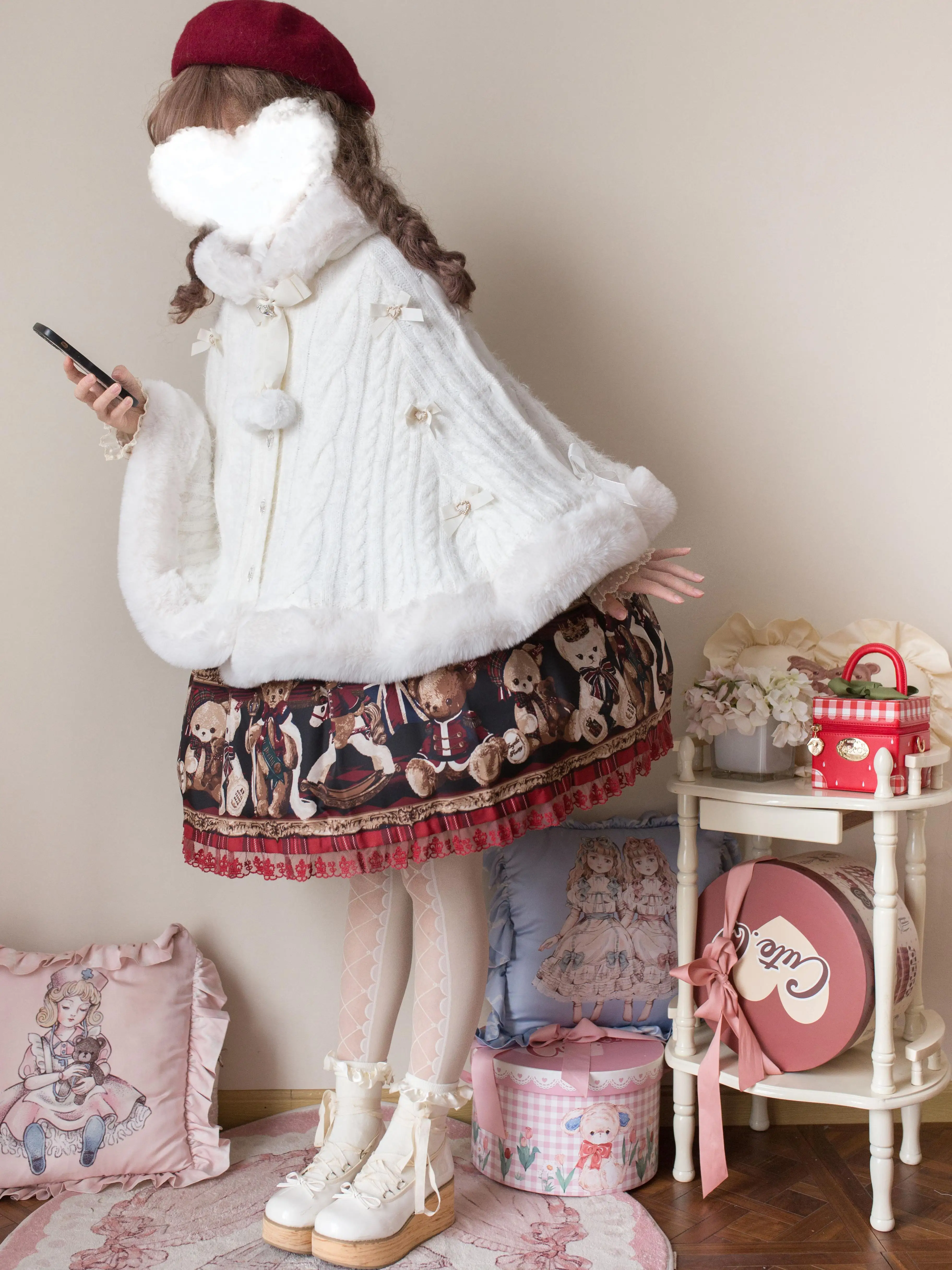 Lolita Autumn Winter Hoodie Cape Soft Girl White and Pin Single-Breasted Knitted Sweater Coat Cardigan Women