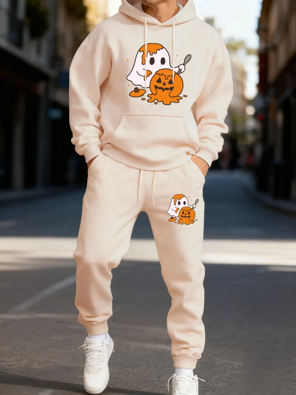 2Pcs Hoodie Set Mens Halloween Cute Ghost Prints Sweatpants Sporty Fleece Warm Pocket Sweatshirt Autumn Loose Jogging Outfits 