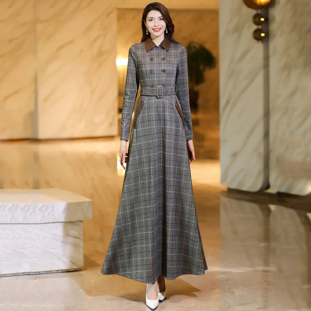 

New Women Spring Autumn Long Plaid Dress Fashion Patchwork Turn-down Collar Long Sleeve Slim Dress Simplicity Casual Gray Dress