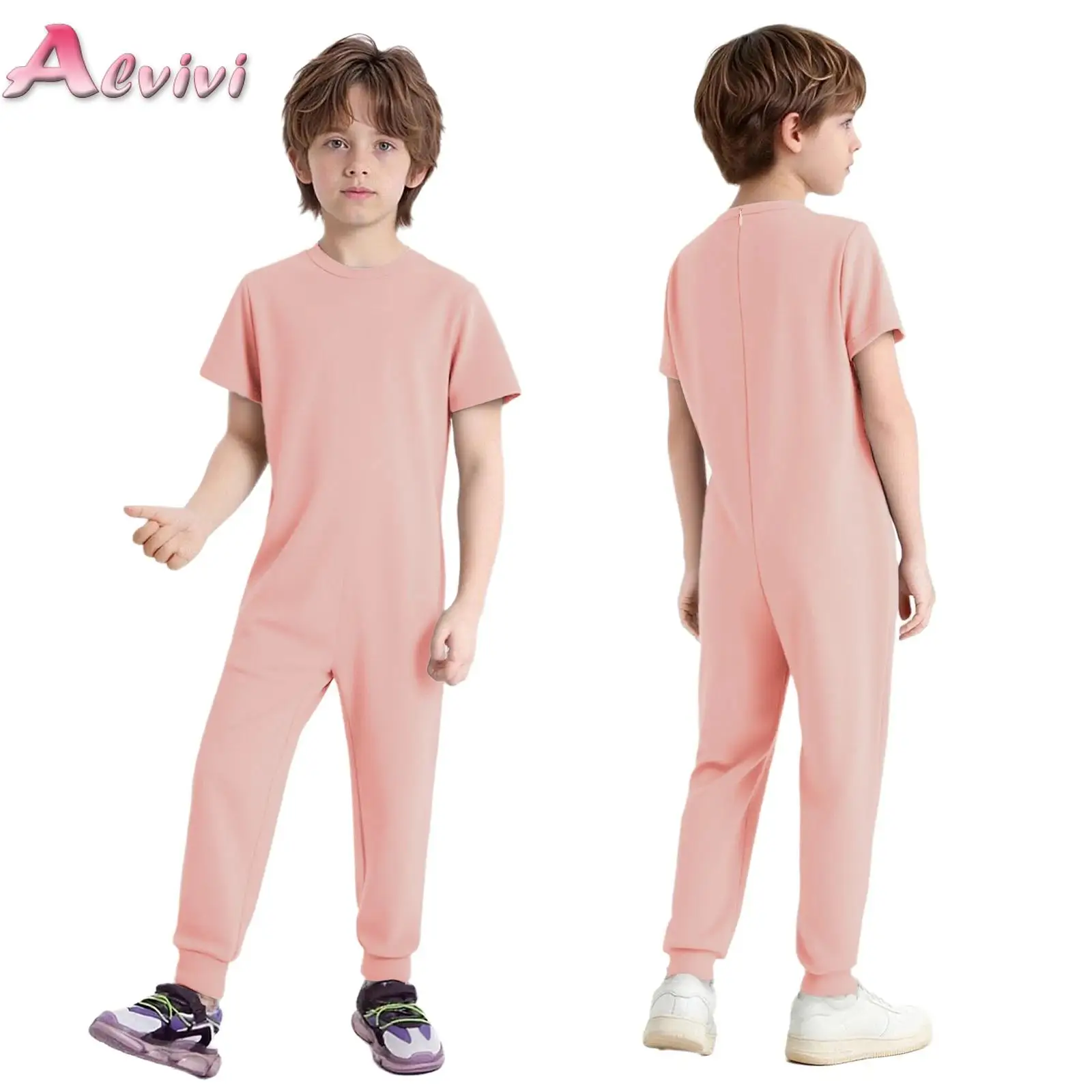 

Unisex Kids Boys Girls Special Needs Adaptive Clothing Cotton Short Sleeve Back Invisible Zipper Solid Color Full Body Jumpsuit