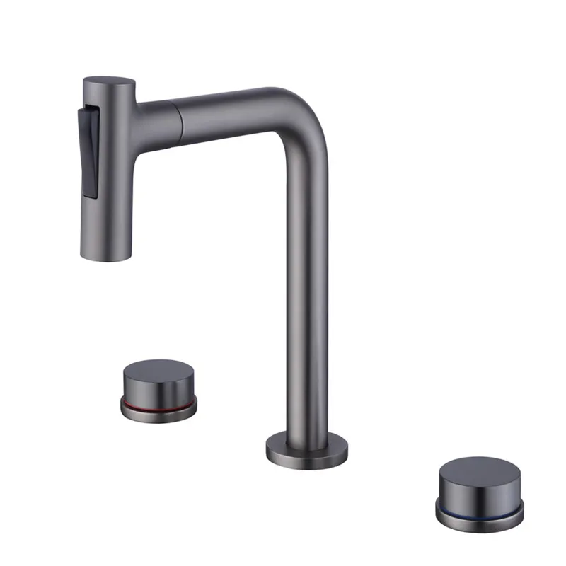 3 Holes 2 Handle Brass Bathroom sink faucet Fashion Design Luxury Copper Basin Mixer Tap Rotatable with 2 mode spray,Gun Gray