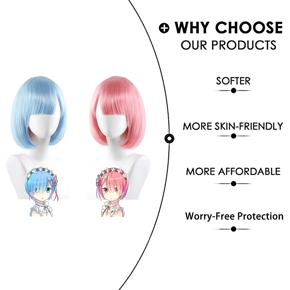 Anime Ram Rem Cosplay Synthetisch haar 12 inch Roze en blauw Kort steil haar Stage Performance Dagelijkse pruik Natura Hittebestendig
