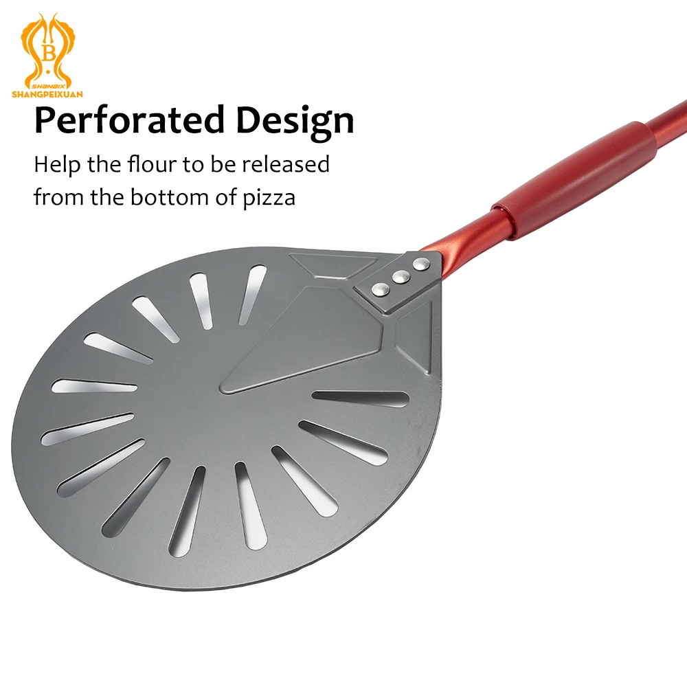 SHANGPEIXUAN 9 Inch Turning Peel Perforated Pizza Shovel Aluminum Alloy Red Handle Pizza Peel Pizza Tools Oven Accessories