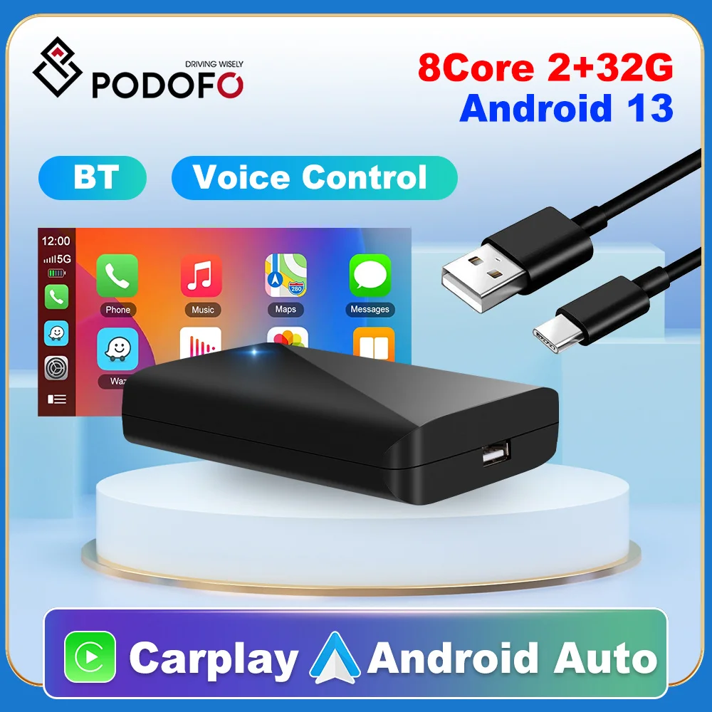 

Podofo Carplay Ai Box Android 13 Беспроводная Android Auto CarPlay 2 ГБ + 32 ГБ для автомобиля с оригинальной системой обновления CarPlay