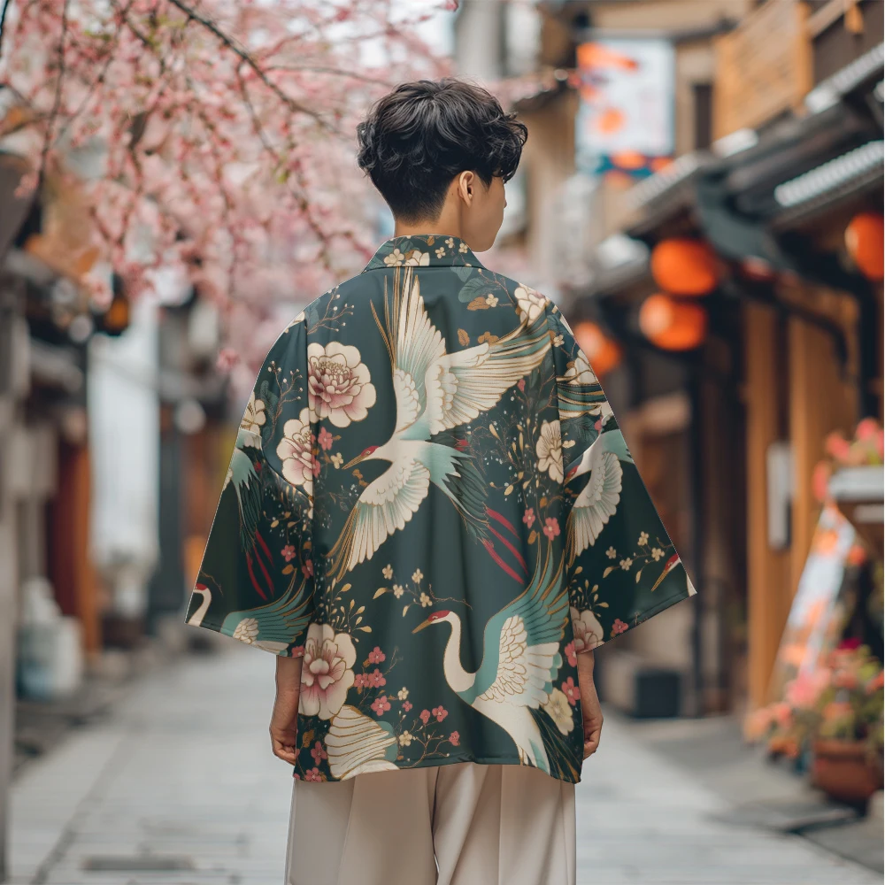 

Summer Samurai Kimono Cosplay Stylish Haori Street Kimono Japanese Fashion Yukata Elegant Men Cardigan Crane Print Robe