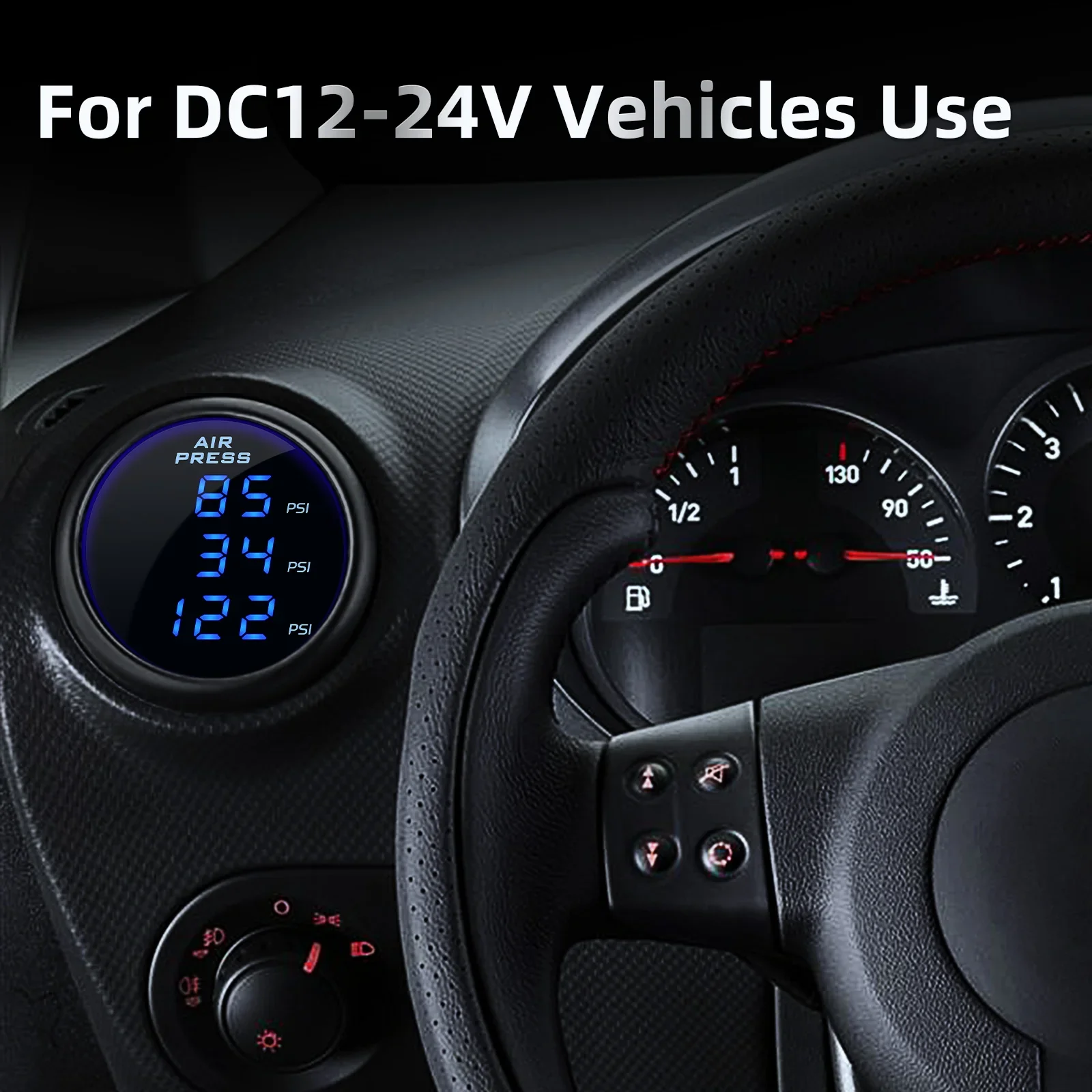 52mm Car Air Pressure Gauge Blue LED Boost Gauges Digital Display Air Ride Suspension with 1/8NPT Sensors for 12V 24V Auto Car