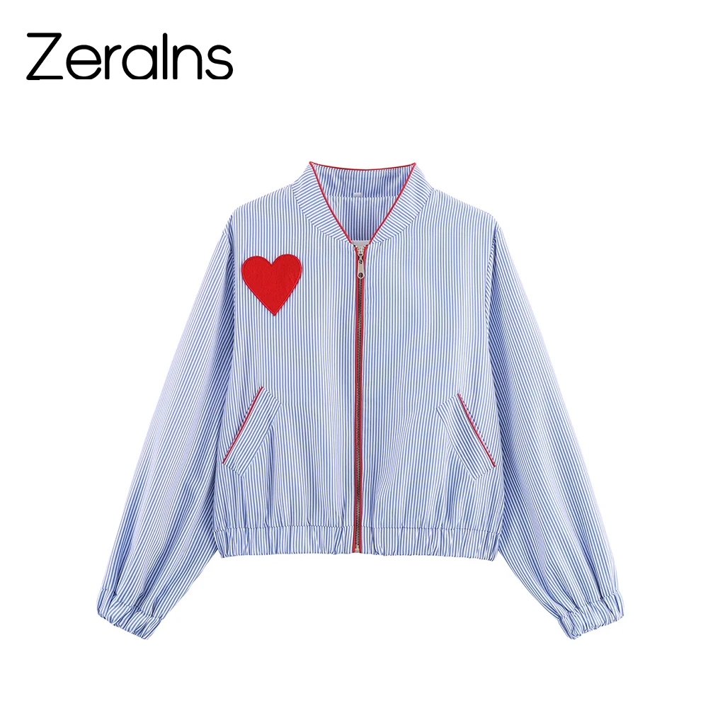 

ZERAINS, осенняя новая женская одежда, мода 2025 года, полосатая тканевая куртка с нашивкой в виде сердца, украшение на молнии, куртка с карманом