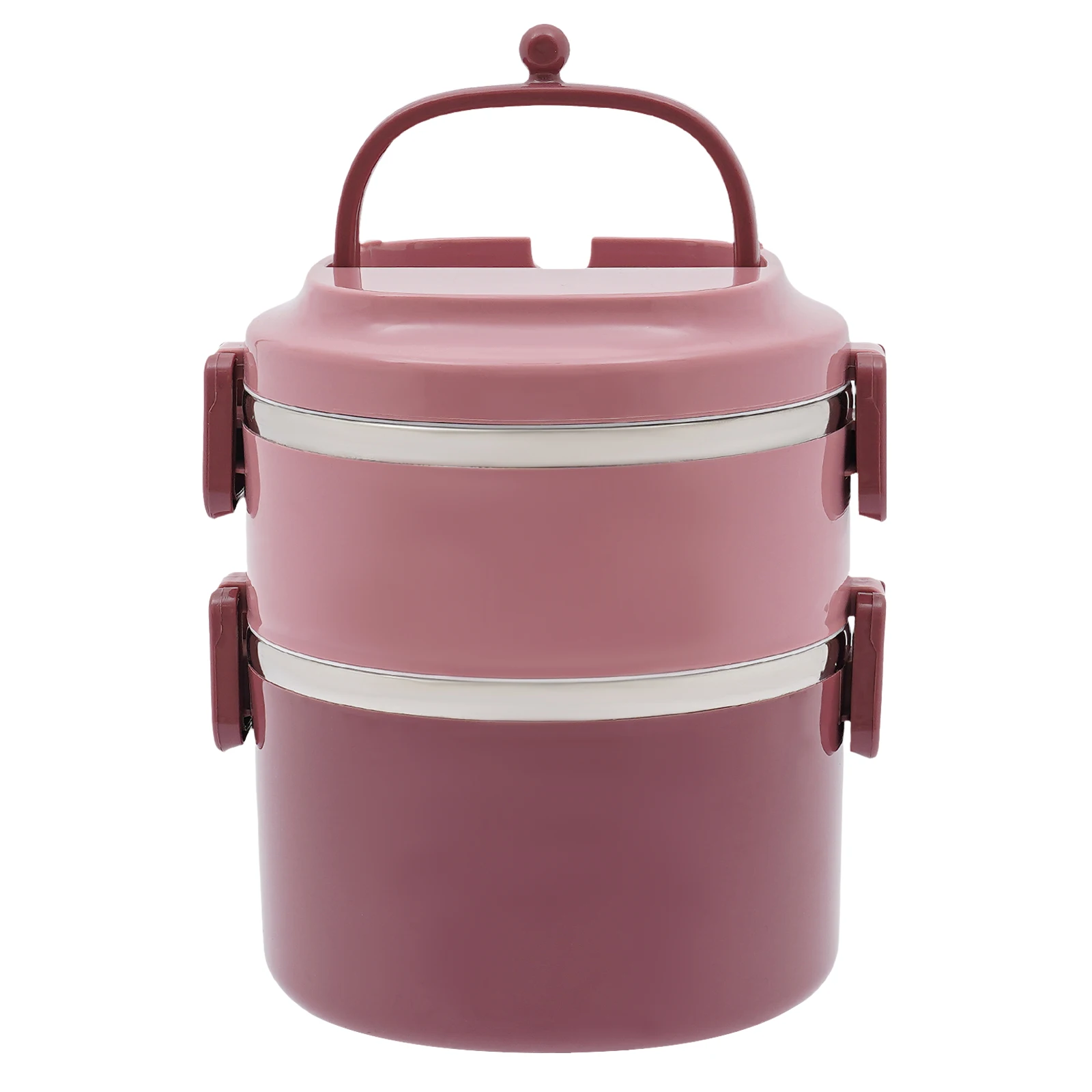 Lonchera de acero inoxidable de 2 niveles de 18.5 cm, lonchera tipo bento apilable de color rosa con asa plegable para el trabajo, la escuela o el camping.