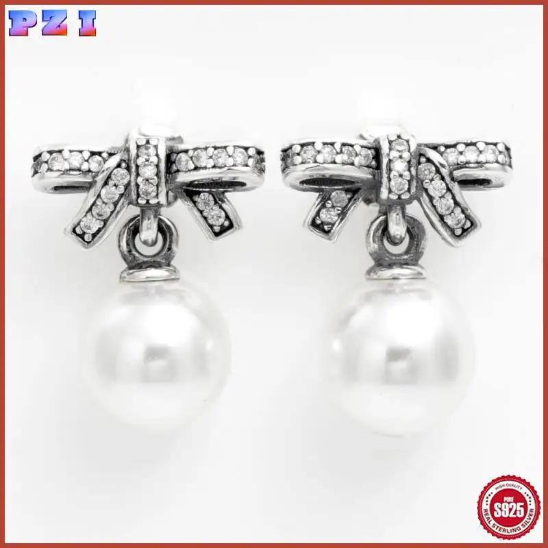 

Original Authentic 925 Sterling Silver Earrings Sparkling Butterfly Knot Pearl Shell Earrings Women Jewelry Gift