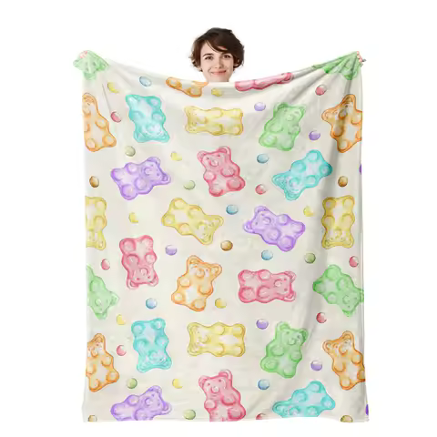 Bear Gummy Candy Cartoon digital-printed polyester Bedroom velvet flannel soft sofa cover blanket Fleece sofa cover blankets