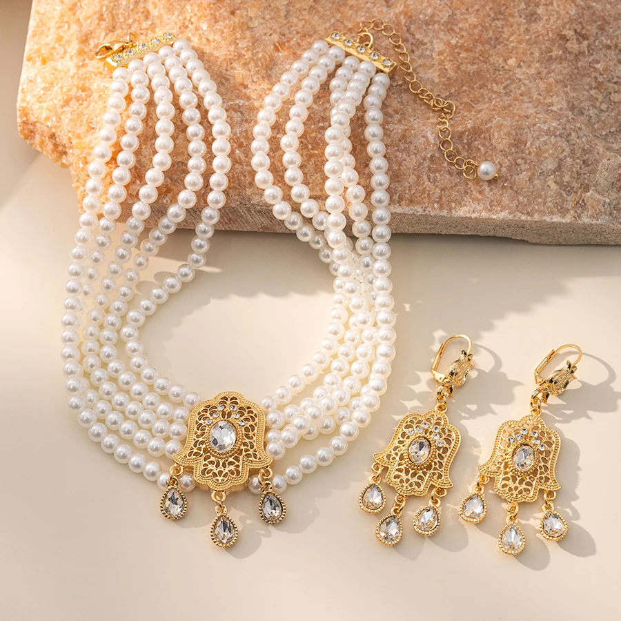 Gold Plated Pearl Necklace Set for Women Fatima Hand Algerian Moroccan Wedding Jewelry New Model Women's Accessory