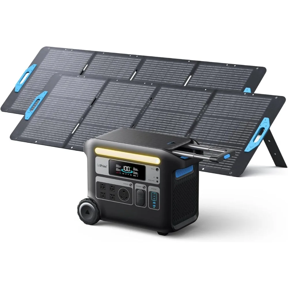 Solar Generator with LiFePO4 Batteries and 2× 200W Solar Panel, 4 AC Outlets Up To 2400W, 2048Wh Portable Power Station