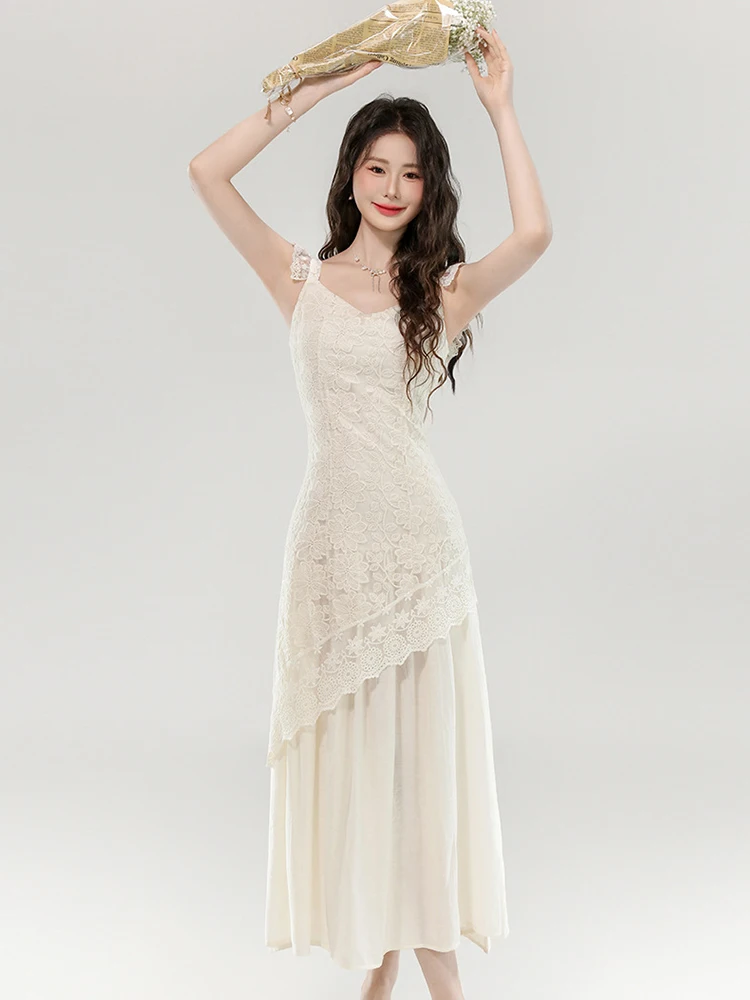 Frauen Kleidung Elegante Fairycore Urlaub Kleid Frau Promi Sexy Strap Sheer Spitze Lange Robe Weibliche Party Strand Club Vestido