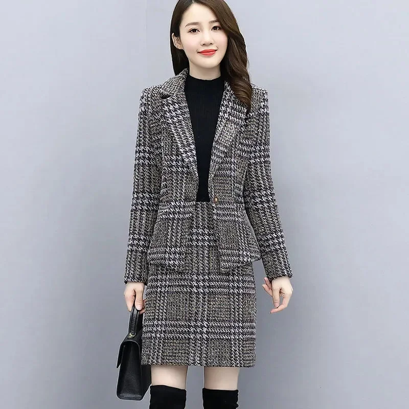 2023 Fashion Autumn Woolen Plaid Winter Two-piece Suit Women Casual Sets Short Blazers Jacket Coat Sheath Skirts 2-piece Sets