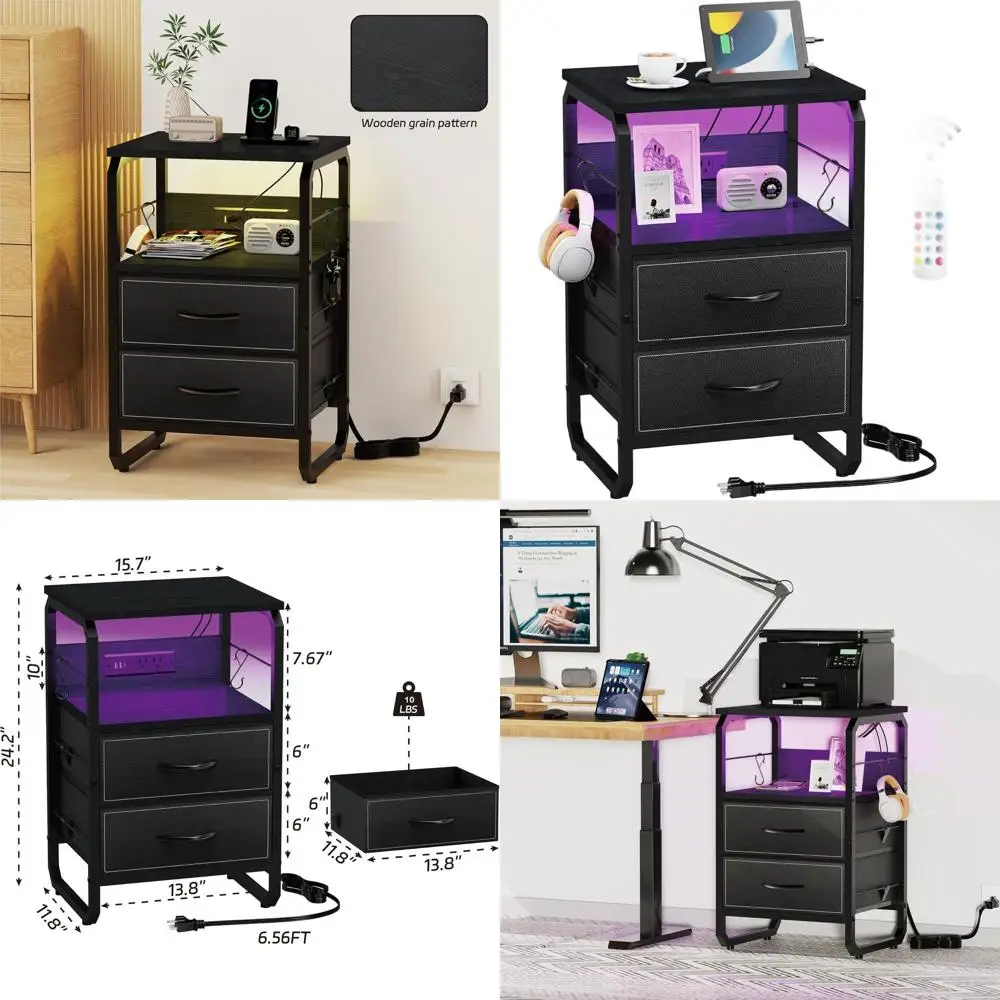 

LED-Illuminated Nightstand with USB-C Charging, Drawers, and Hooks for Living Room, Bedroom, Dorm - Black