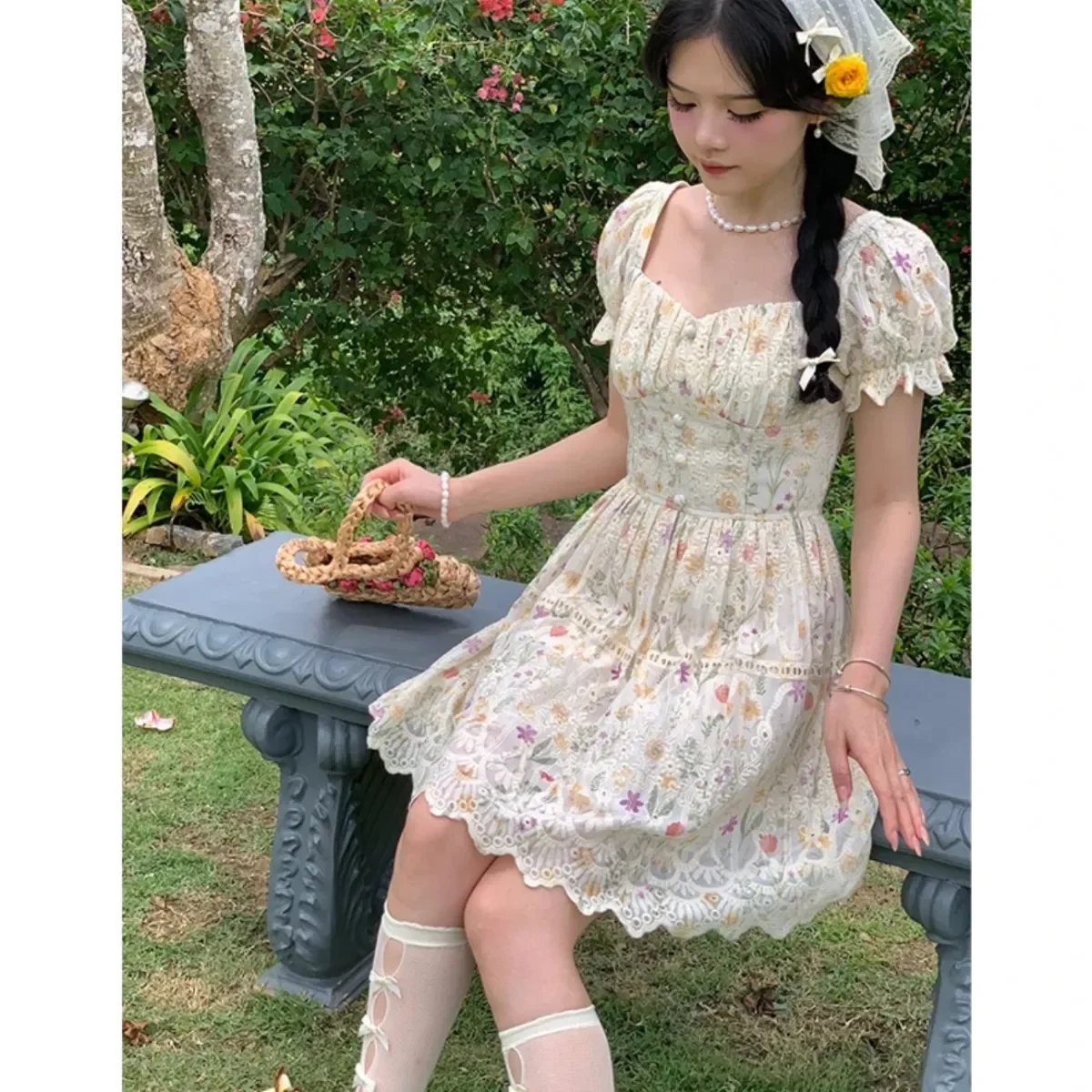 MAGOGO French Romantic Pastoral Style Floral Dress Women Summer Sweet Embroidered Square Collar Bubble Sleeve A- Line Long Dress