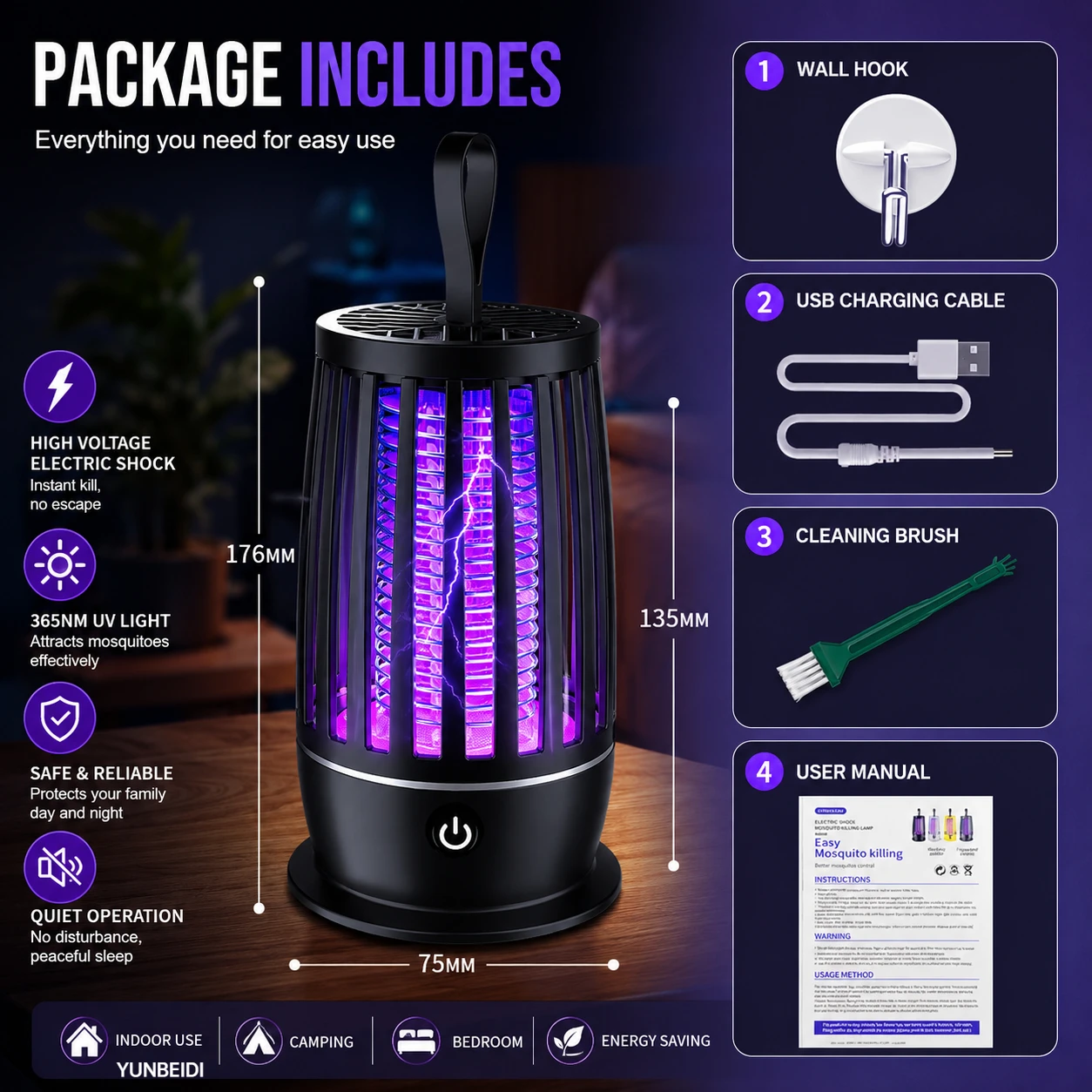 2 in 1 Mosquito Killer Lamp UV Light Insect Trap USB Rechargeable Quiet Night Light Bug Zapper for Home Bedroom Camping Outdoor view 5