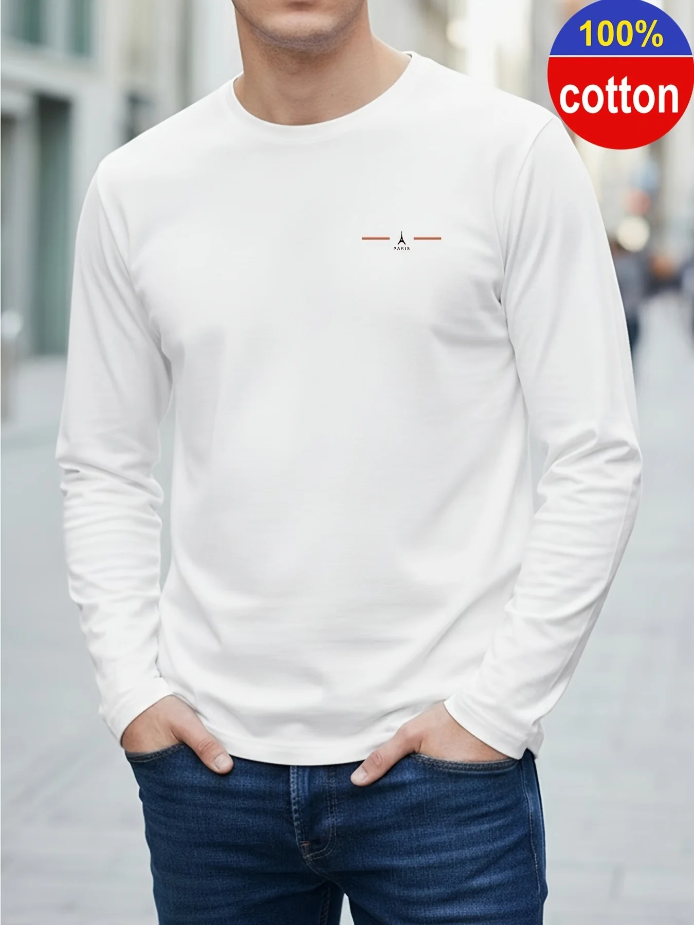 Men's 100% pure cotton loose fit comfortable sports and leisure creative line pattern printed round neck long sleeved T-shirt
