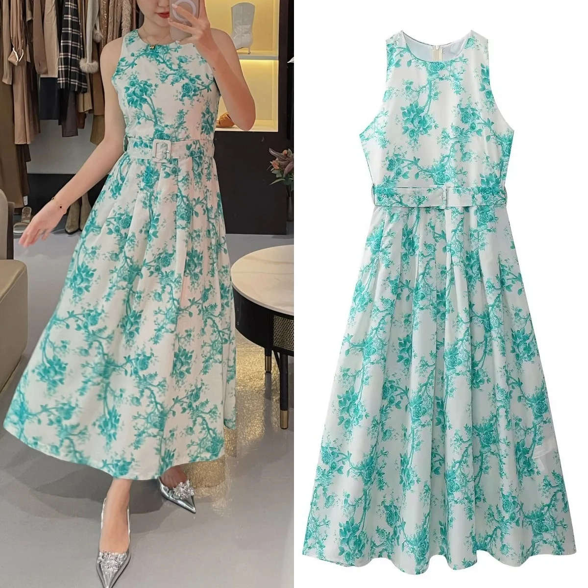  printed sleeveless camisole maxi dress beach style midi holiday dress 2024 summer women's new style