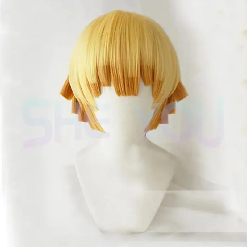Agatsuma Zenitsu korte blonde ombre en lange paardenstaart hittebestendige cosplay pruik + pruikdop