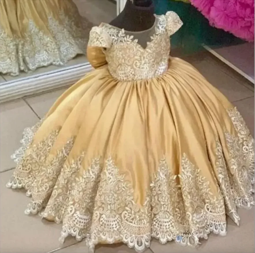 

Puffy Gold Satin Flower Girl Dresses Appliques Lace Wedding Party Dress Bow Toddler Baby Birthday Pageant Party Dress