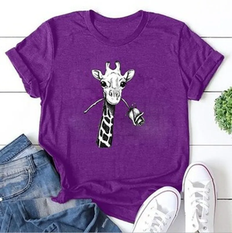 

Giraffe Hold Rose Print T Shirt Women Short Sleeve O Neck Loose Tshirt Summer Women Tee Shirt Tops Camisetas Mujer